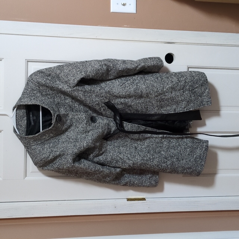 Lafayette 148 New York Grey Virgin Wool Coat with Leather Tie Belt